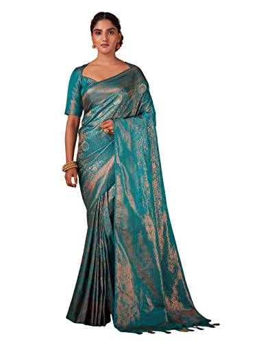 Vardha Women's Kanchipuram Art Silk Saree with Unstitched Blouse Piece - Copper Zari Woven Work Sarees for Wedding (Anvaya_548)