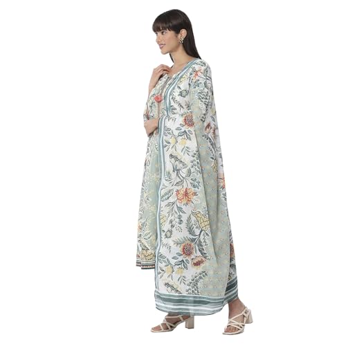 BIBA Women Sage Green Pure Cotton Floral Kalidar Suit Set_44