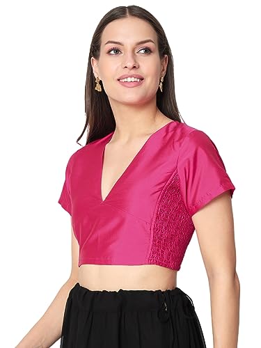 studio rasa Women's Silk Blend Short Sleeve Stretchable Fitted Blouse for Wedding Party Festive Ethnic (Tpwc42318M_Pink_Medium)