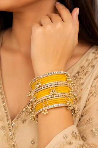 Shining Diva Fashion 20 Pcs Traditional Stylish Ghungroo Velvet Kashmiri Bangles Set for Women & Girls (17415b_2.6) (Yellow)
