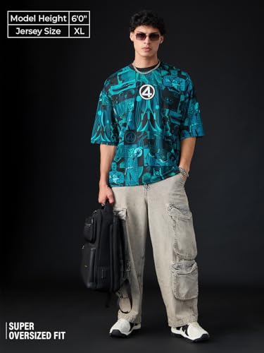 The Souled Store Marvel: Team-Up Men and Boys Short Sleeves Round Neck Blue Graphic Printed Polyester Oversized Jersey