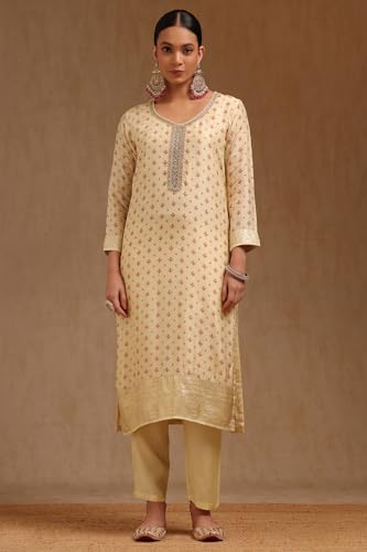 Soch Womens Cream Dola Silk Floral Print Suit Set With Cutdana