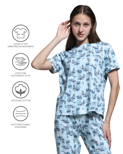Wacoal Women’s Snooze Club Short Sleeve Full Length Comfort Fit Pure Cotton Pajama Set-Blue (XL)