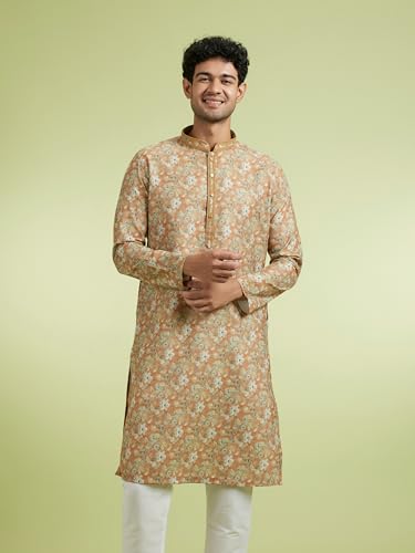 DIWAS BY MANYAVAR Men's Cotton Blend Printed Festive Kurta Set (2pc) (Yellow, XL)