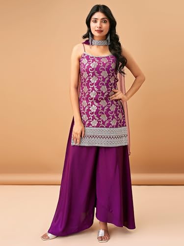 MAVIXA Women's Embroidered Kurta and Sharara with Dupatta | Wedding Suit | Kurta Set | (IN, Alpha, XS, Regular, Purple)