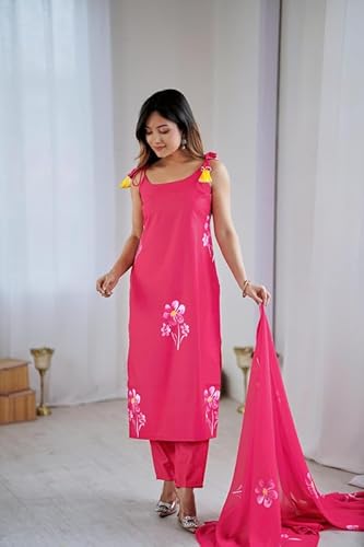 AVYUKTHA | Women Floral Embroidered Kurta with Pyjamas & Dupatta | Thread Work Ethnic Kurta Set for Women | Festive & Daily | Pink | Size- XL