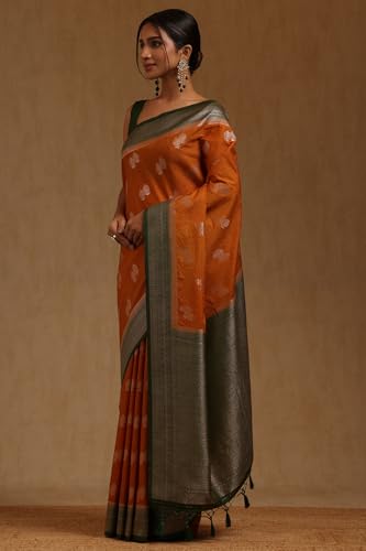 Soch Womens Rust Viscose Silk Floral Zari Woven Saree