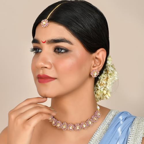 VOYLLA Veerangana Pink Pearls And Kundan Studded Maang Tika Set For Women, Jewellery Set For Women, Womens Gift, Gift For Her