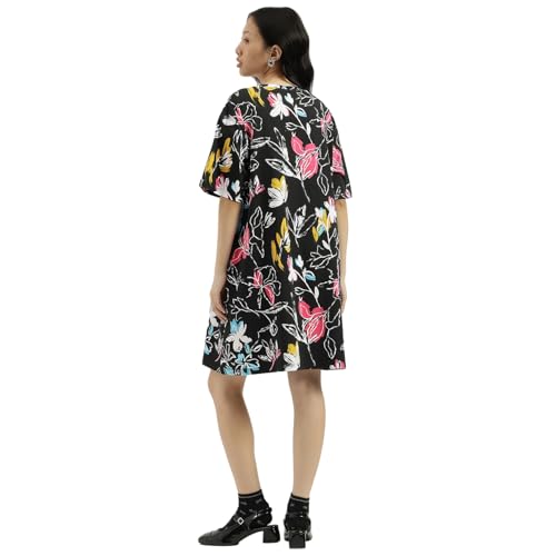 United Colors of Benetton Round Neck Floral Print Dress (Size: XXL)-25A3SOCPT733I901 Black