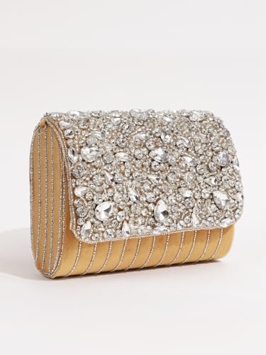 THE TAN CLAN Grace Gold Flap Over Clutches for women Bag for Women– Elegant Evening Handbag, Stylish Purse, Perfect for Parties, and Special Occasions