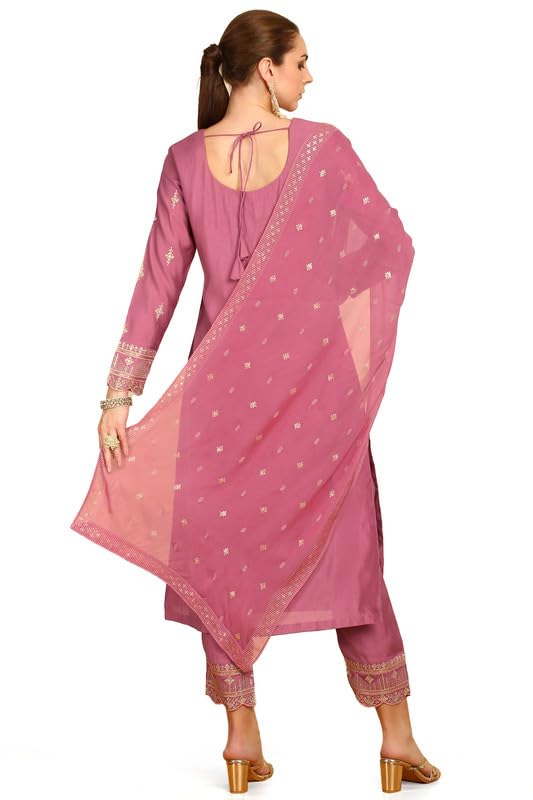 Soch Womens Onion Pink Ethnic Motifs Embroidered Chanderi Suit Set