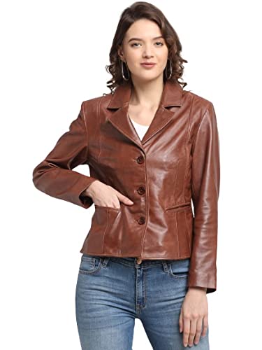 Teakwood Genuine Leather Soild Stylish Casual Blazer Jacket for Women (M- Brown)