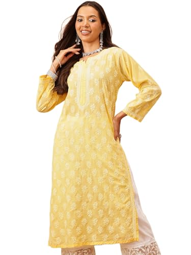 Ada Hand Embroidered Lucknowi Chikankari Yellow Cotton Kurta Kurti for Women A411711 (L)