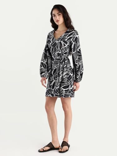 Rareism Women's Cotton V-Neck Floral Print Bishop Sleeve Mini A-Line Dress