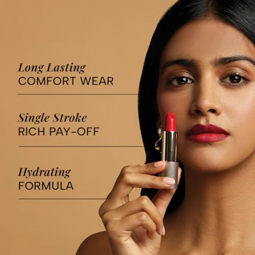 RAS Luxury Oils Lumiere Satin Matte Lipstick | 8-Hr long stay Creamy Matte, Non-Drying, Lightweight & Pigmented | Natural infusion of Argan & Avocado | Vegan, Cruelty-Free (Riviera Red)