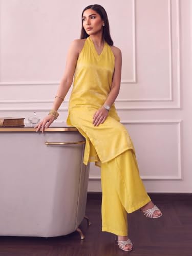 Varanga Women Yellow Kurta Trousers Set V Neck Sleeveless Silk Blend