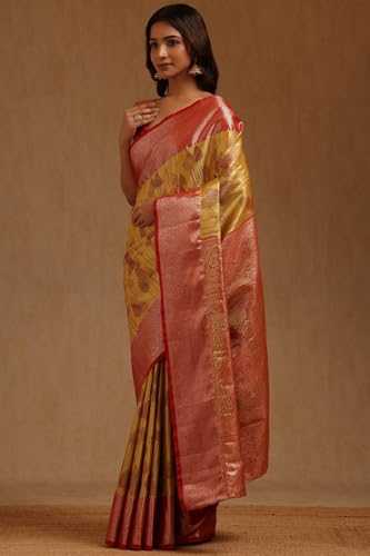 Soch Womens Mustard Silk Blend Botanical Zari Woven Saree