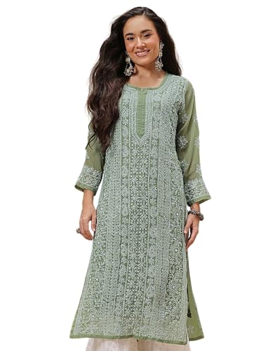 Ada Lucknowi Hand Embroidery Chikankari Georgette Kurta Kurti with Slip for Women A411217 Green (M)