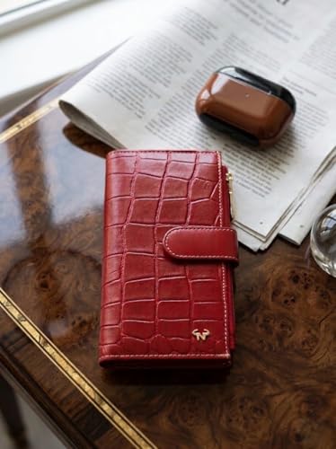 Calfnero Women’s Genuine Leather Croco Embossed Wallet | Long Clutch Wallet with Multiple Card Slots, ID Window & Dual Zip Compartments
