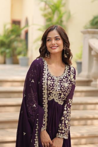Mehervaa by vinni Women's Purple Embroidered Anarkali Suit Set with Dupatta, Gold Zari Work, Long Sleeve Ethnic Gown (in, Alpha, L, Regular)