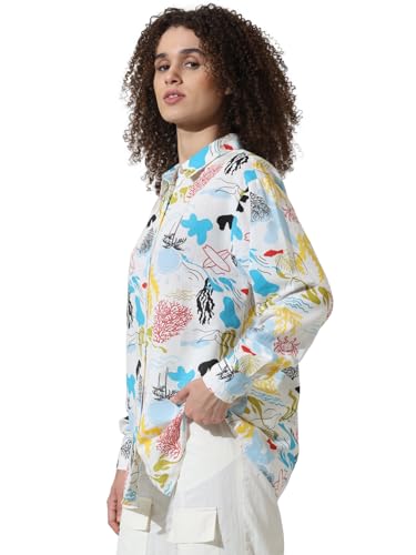 ONLY Women Printed Viscose White Oversized Shirt