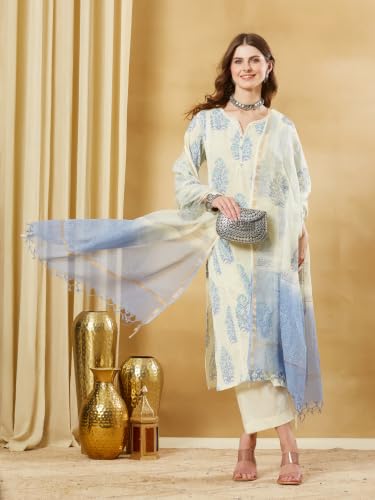 Divena Blue Floral Cotton Round Neck Kurta Sets with Dupatta