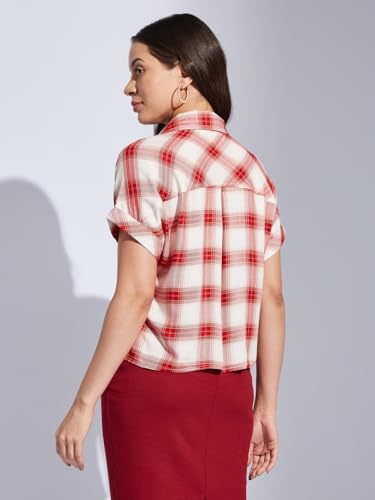 Latin Quarters Women Red Collared Short Sleeve Checks Top Blouse for Casual Wear_M