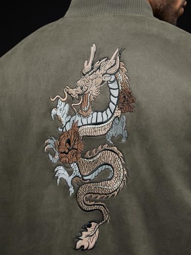 The Souled Store Dragon Men and Boys Full Sleeves Mock Collar Olive Green Embroidered Polyester Oversized Fit Lightweight Winter Streetwear Bomber Jacket
