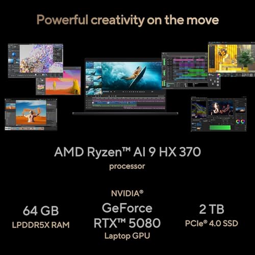 ASUS ProArt P16 OLED (2025), AMD Ryzen AI 9 HX 370, RTX 5080-16GB,64GB RAM, 2TB SSD, 16"/40.64cm Touchscreen, 4K, 120Hz,Windows 11,M365 Basic (1Year)*/Office 2024, Nano Black, 1.95Kg,H7606WW-SE023WS