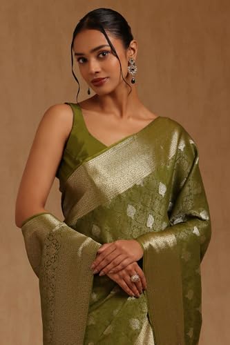 Soch Womens Olive Georgette Ethnic Motifs Zari Woven Saree