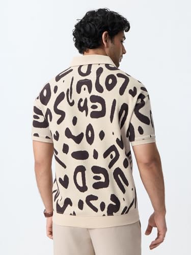 The Souled Store Soul Beat Men and Boys Short Sleeve Spread Collar Beige Abstract Jacquard Print Cotton Blend Regular Fit Lightweight Everyday Office Wear Easy to Style Trendy Polos