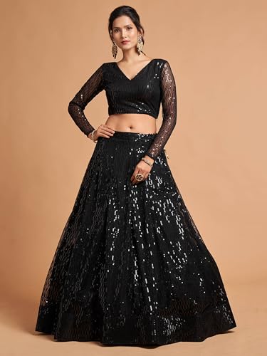 Zeel Clothing Women's Black Soft Net Sequins Embroidered Semi-Stitched New Lehenga Choli with Dupatta (7308-Black-Wedding-Girlish-Latest-Lehenga-Choli; Free Size)