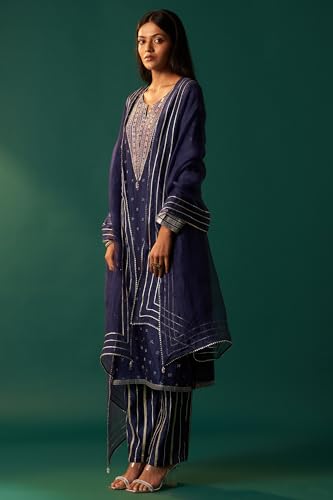 Wishful Women's Blue Heavy Embroidered Straight Festive Tissue Kurta with Culotte and Dupatta Set (SP12856-401190-2XL)
