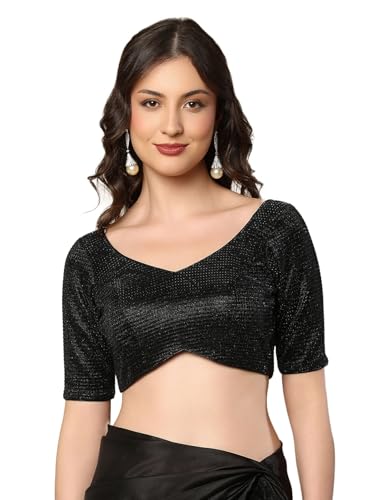 S SALWAR STUDIO Black Shimmer Sweetheart Neck Readymade Saree Blouse