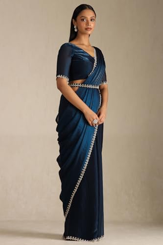 Soch Womens Blue Organza Saree With Stone Work