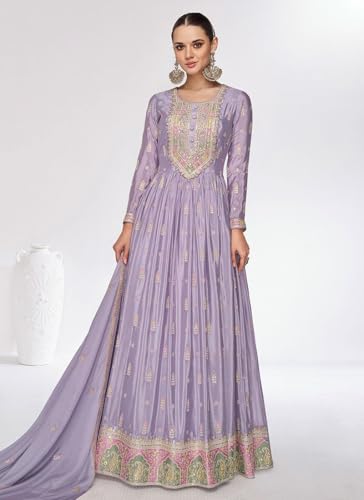 Shampysky Women's Purple Chinon Stitched Top With Dupatta Full Sleeve Embroidered Anarkali Gown (SSW-1179-Purple-XL)
