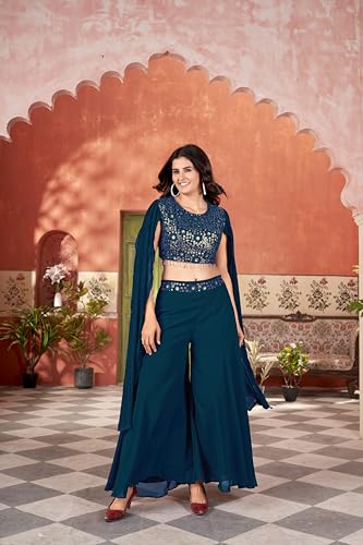 VARNI FABRICS Crop Top With Palazzo Set For Women Stylish Floral Embroidered Sequin And Thread Work | Festive & Ethnic Wear Indo-western Ensemble Perfect For Rakhi, Diwali & Occasions | Morpeach | 3XL