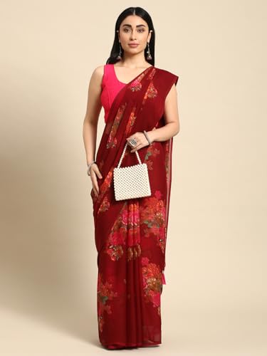 RANI SAAHIBA Women's Chiffon Floral Printed Saree Without Blouse (SKR11163_Maroon)