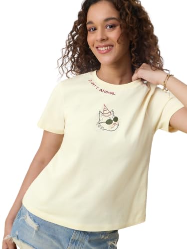 The Souled Store Party Animal Women and Girls Short Sleeves Round Neck Off White Embroidered Cotton Relaxed Fit Lightweight Everyday Casual T-Shirts