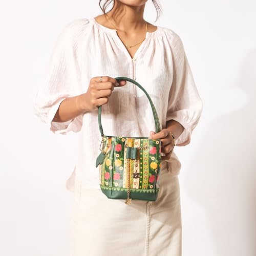 Chumbak Olive Crossbody Sling Bag for Women, Drawstring Closure, Palace Memoirs Collection, Stylish Designer Handbag Purse Wallet Sling Tote, Everyday Casual Ethnic Travel Office Use