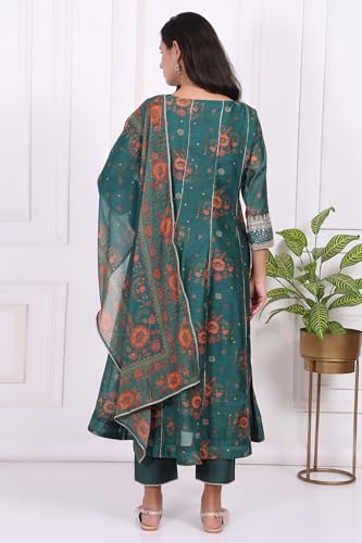 W for Woman Green Floral Printed Sequined Anarkali Kurta, Straight Pants and Dupatta Set - (WS13272-126611-S)