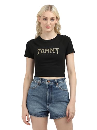 Tommy Hilfiger Slim Crop Glitter Varsiry T-Shirt Black