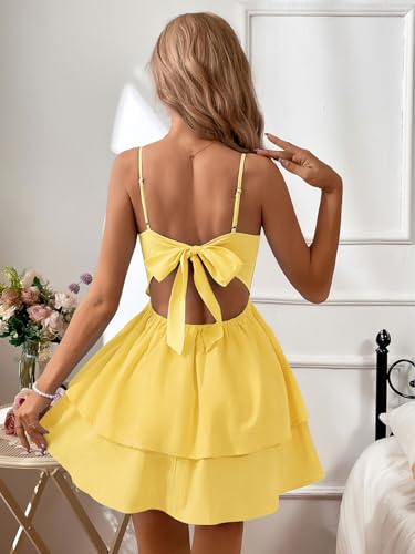 Marivoné® Women Backless Bow-Tie Mini Dress | Sleeveless Spaghetti Strap Solid Color Slim-Fit Summer Dress Yellow