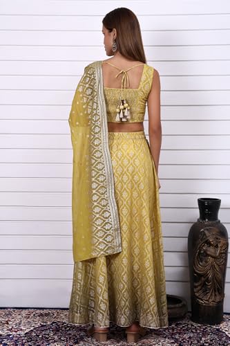 Aurelia Women's Lime Green Digital Printed Beads Straight Crop Top, Flared Skirt and Dupatta Set (Size: XS)-AS16171-509919