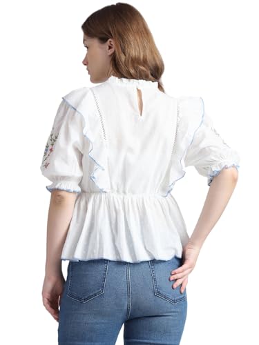 ONLY Women Embroidered Cotton White Peplum Top