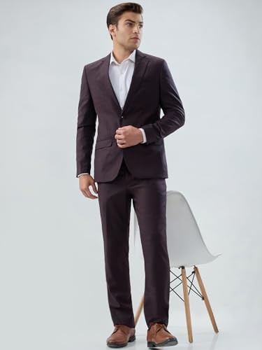 Park Avenue Men Slim Fit Checks Pattern Poly Wool Blend Notch Lapel Full Sleeve Formal Suit Maroon