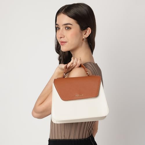 Fastrack white EdgePlay Satchel | Faux-Leather Women's Handbags | Structured Satchel with Flap + Zipper Closure, Detachable Strap & Top Handle | Gold Hardware | Everyday Carry