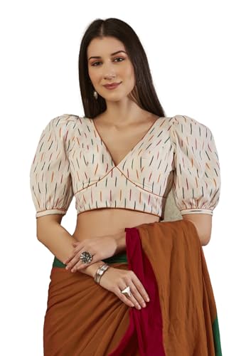 SALWAR STUDIO White Cotton Ikat Puff Sleeve Blouse_VF-0460-WHTE-40