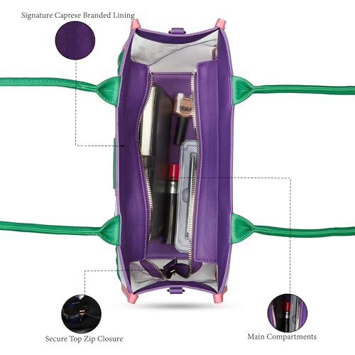 Caprese Madonna Laptop Tote Bag Large | Vibrant Transparent Handbag with Adjustable & Detachable Sling Strap, Secure Zip Closure | Shoulder Bag | Perfect for Office & Casual Use (Green & Purple)