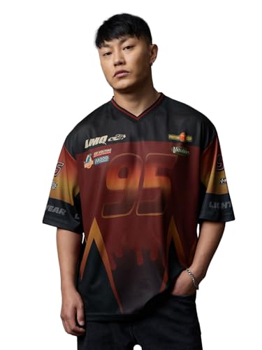 The Souled Store Cars: Lightning McQueen Men and Boys Short Sleeves V-Neck Dark Red Graphic Printed Racing Jersey Casual Lightweight Drop Shoulder Streetwear Trendy Easy Dry Oversized T-Shirt